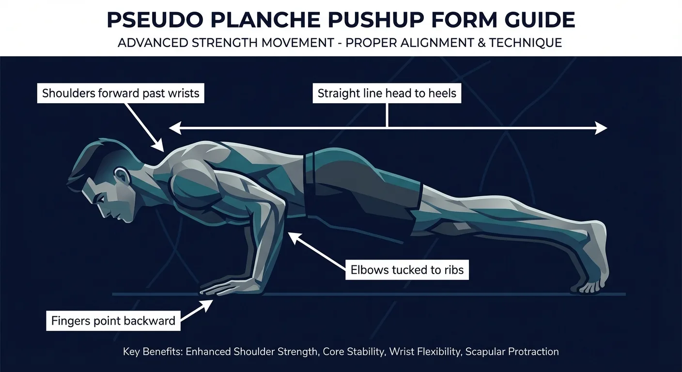 Pseudo planche push up proper form with fingers pointing backward, shoulders leaned forward over wrists, and straight body line