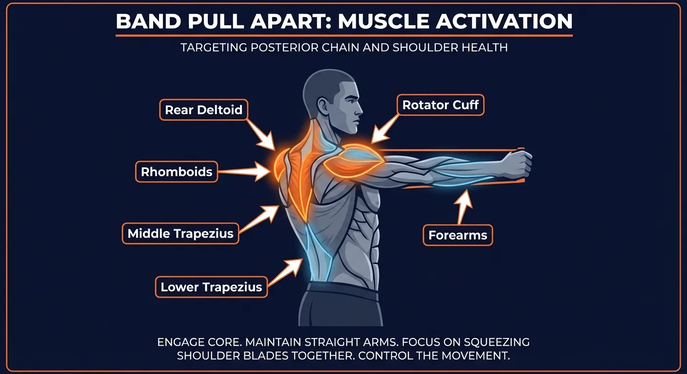 Band pull apart muscles worked diagram highlighting rear deltoids, rhomboids, and middle trapezius
