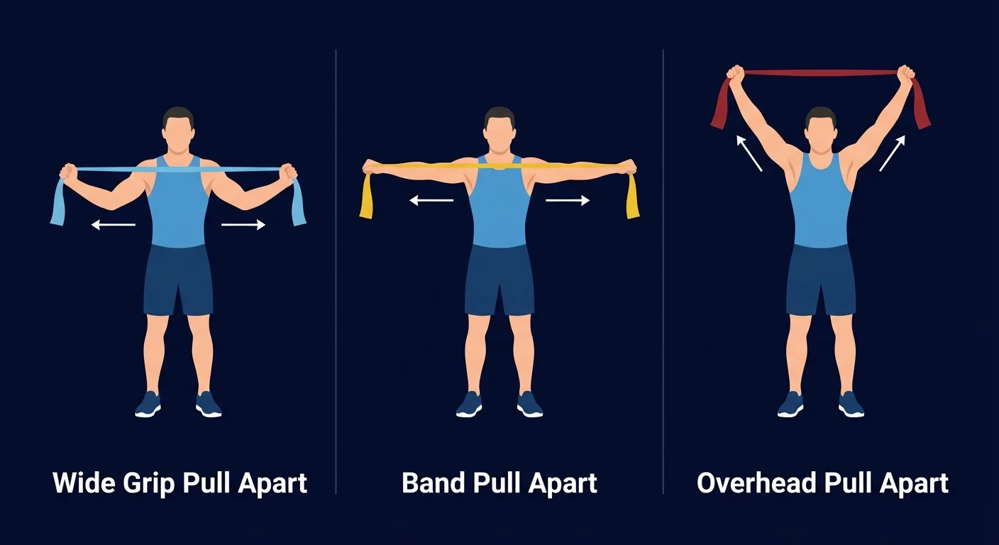 Band pull apart variations showing wide grip regression, standard, and overhead progression