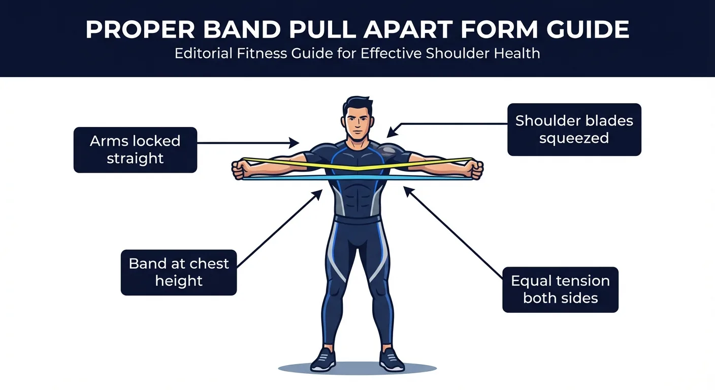 Band pull apart proper form showing straight arms at shoulder height pulling band apart with scapular retraction