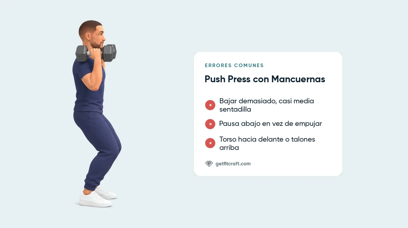 Errores comunes del push press con mancuernas y la bajada correcta: mancuernas en los hombros, pecho erguido, talones abajo