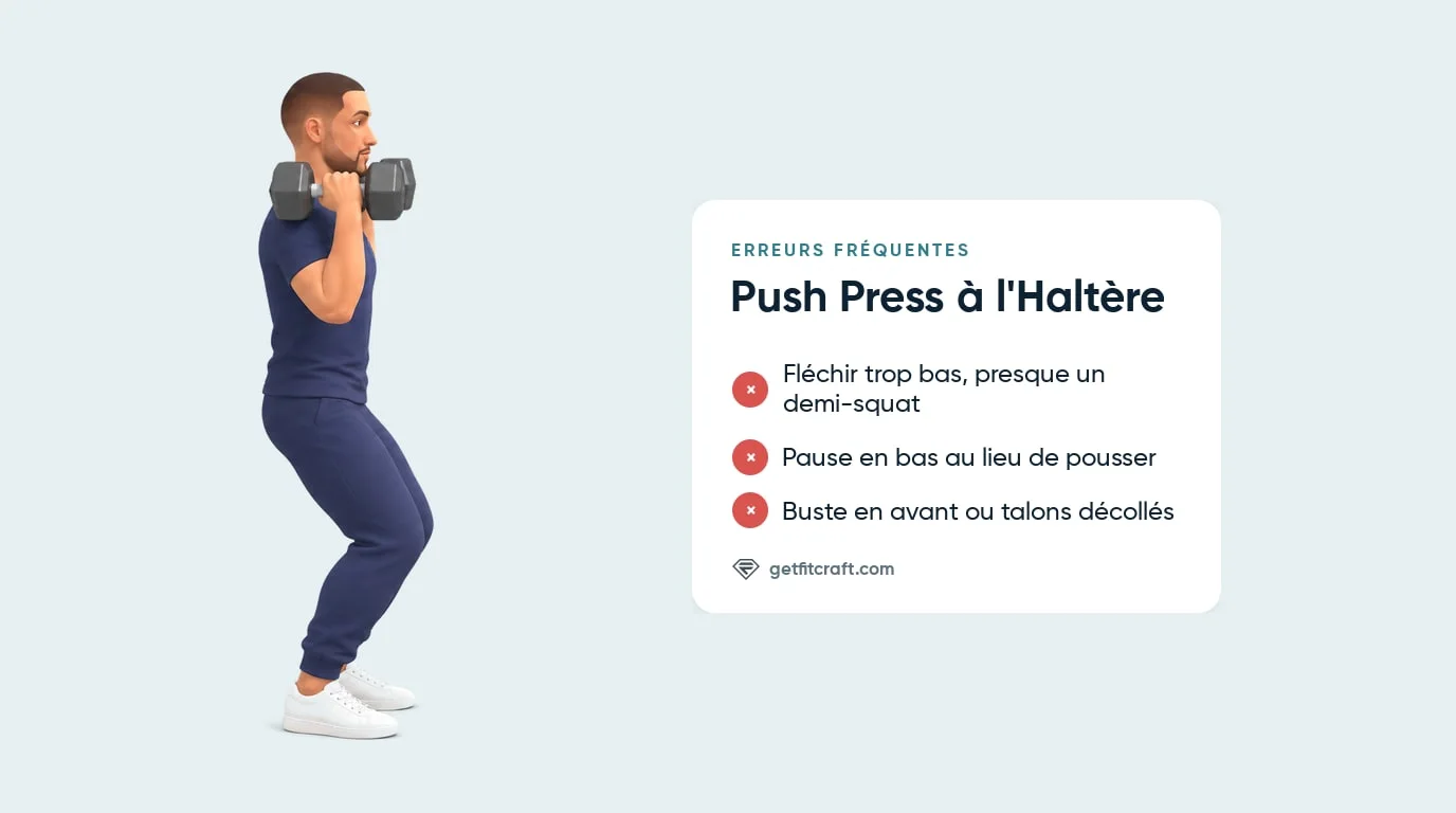 Erreurs courantes du push press à l'haltère et la bonne flexion : haltères sur les épaules, buste droit, talons au sol
