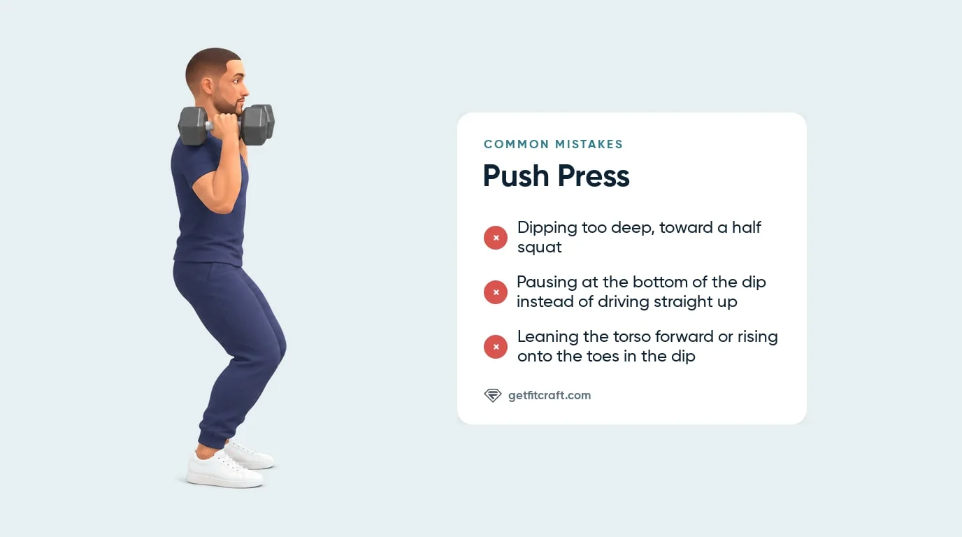 DB push press common mistakes listed beside the correct dip: dumbbells at the shoulders, chest tall, knees bent, heels down