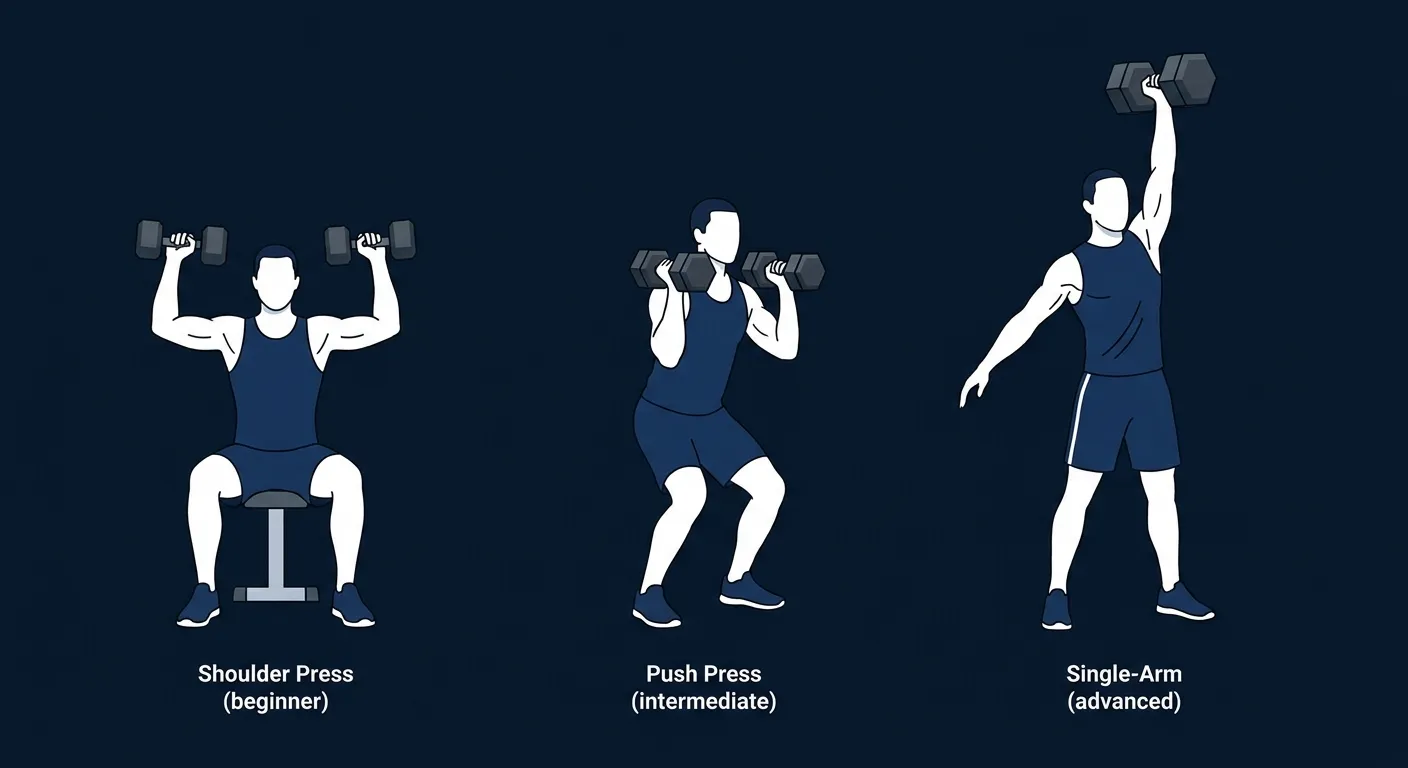 Dumbbell push press progression sequence from strict shoulder press (beginner) to two-dumbbell push press (intermediate) to single-arm dumbbell push press (advanced)