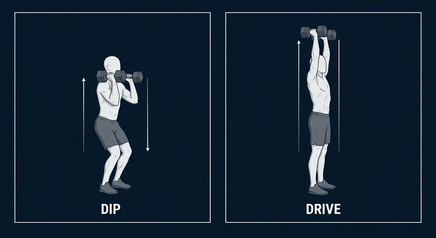 Dumbbell push press proper form: shallow upright quarter-squat dip with dumbbells racked at the shoulders, then explosive drive to a tall overhead lockout with biceps by the ears and ribs down