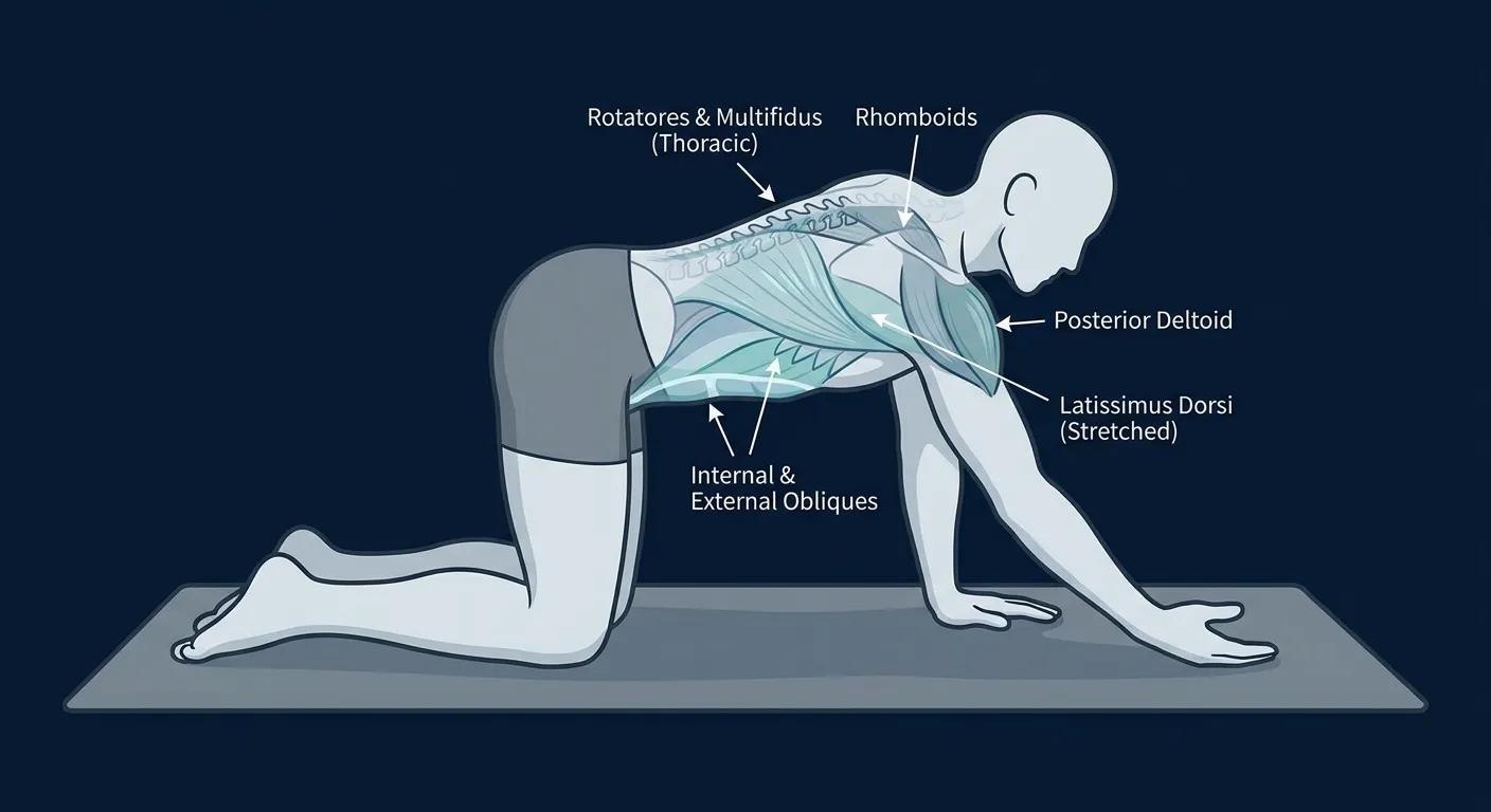 Quadruped thread-the-needle muscles targeted: thoracic spine rotators and obliques as primary movers, with the posterior deltoid and rhomboid of the threading side, and the latissimus dorsi getting a passive stretch