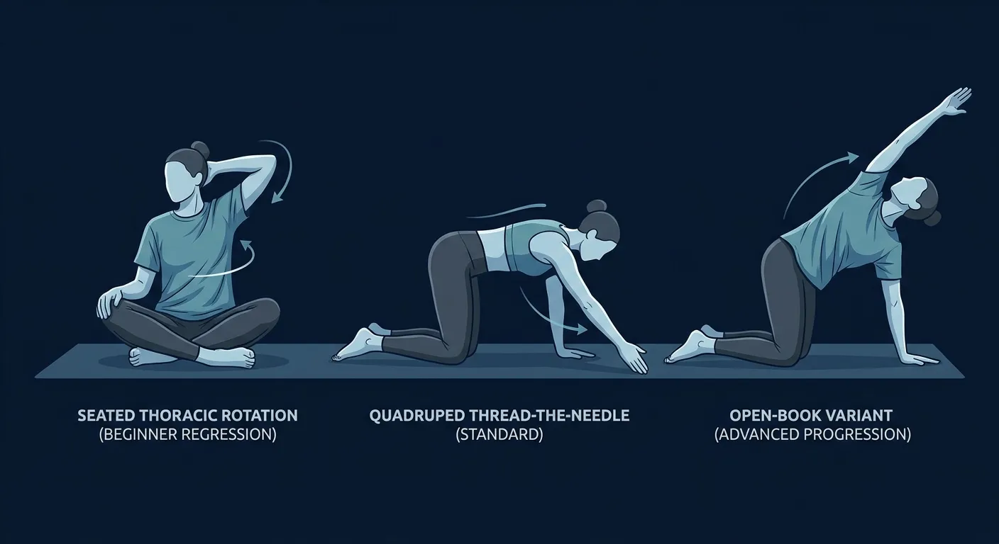Quadruped thread-the-needle variations from seated thoracic rotation regression to standard quadruped version and open-book progression