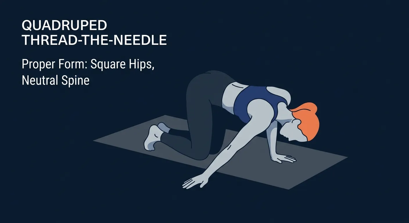 Quadruped thread-the-needle proper form showing tabletop position with one arm threading under the torso and the shoulder lowering toward the mat, hips staying level