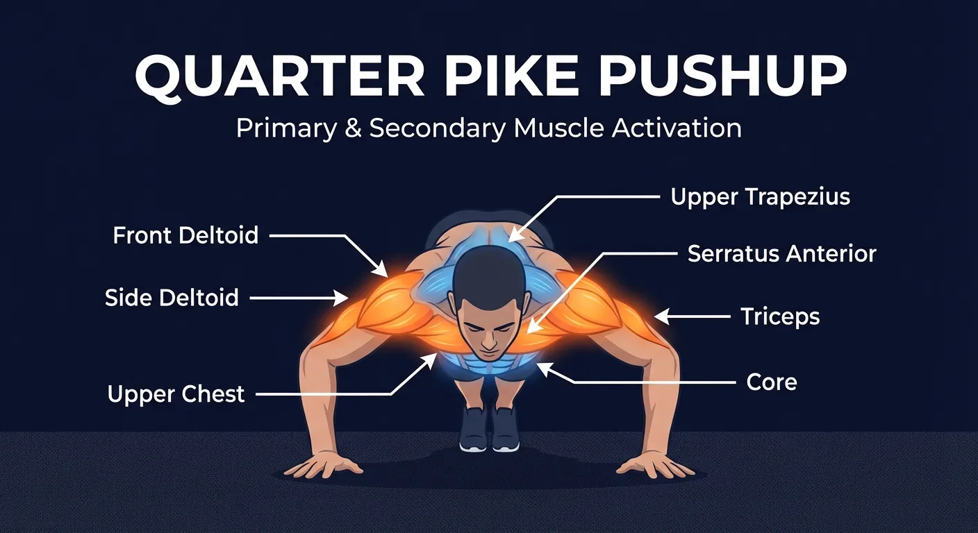 Quarter pike pushup muscles worked diagram highlighting front and side deltoids, upper chest, and triceps