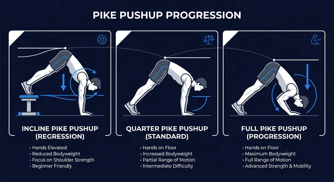 Quarter pike pushup variations showing incline regression, standard floor version, and full pike progression