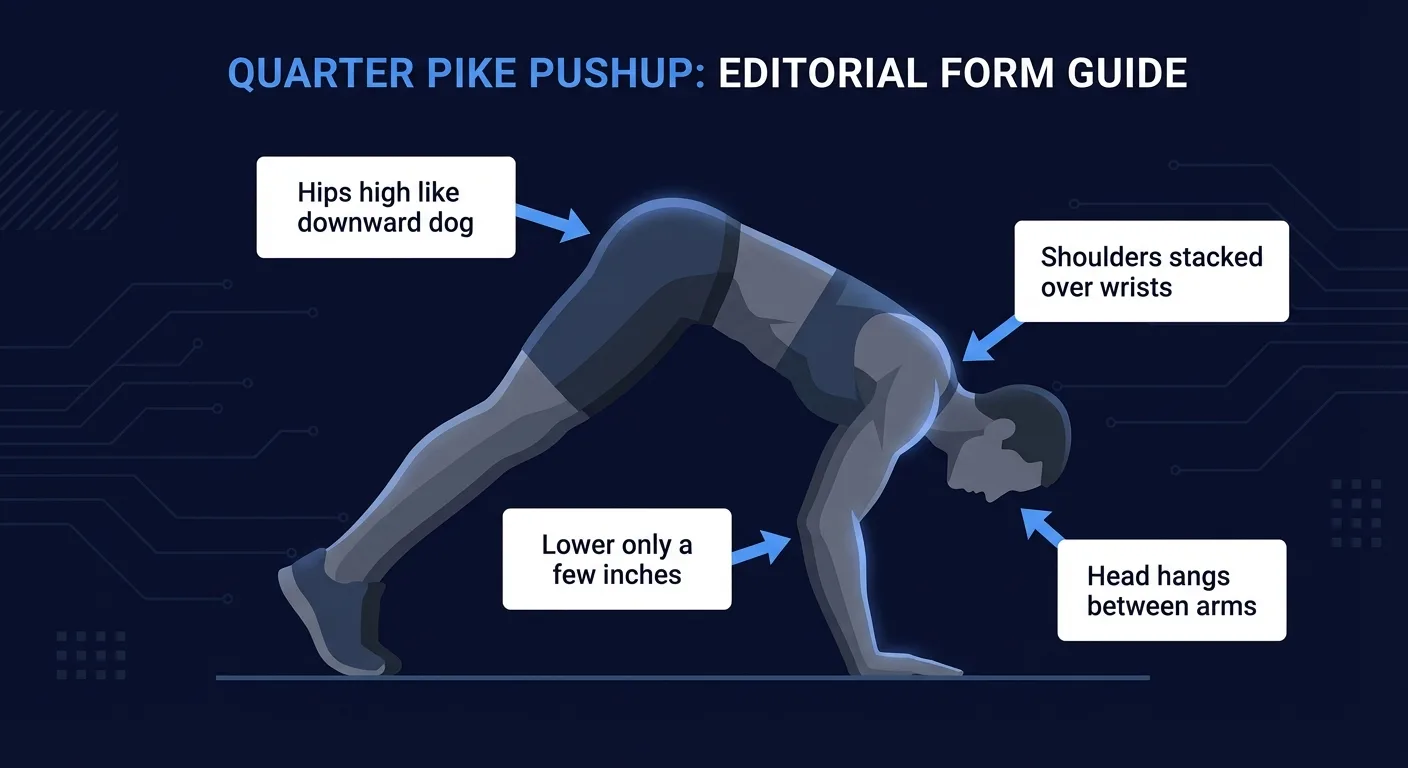 Quarter pike pushup proper form side profile showing inverted V pike position with shoulders stacked over wrists and partial elbow bend