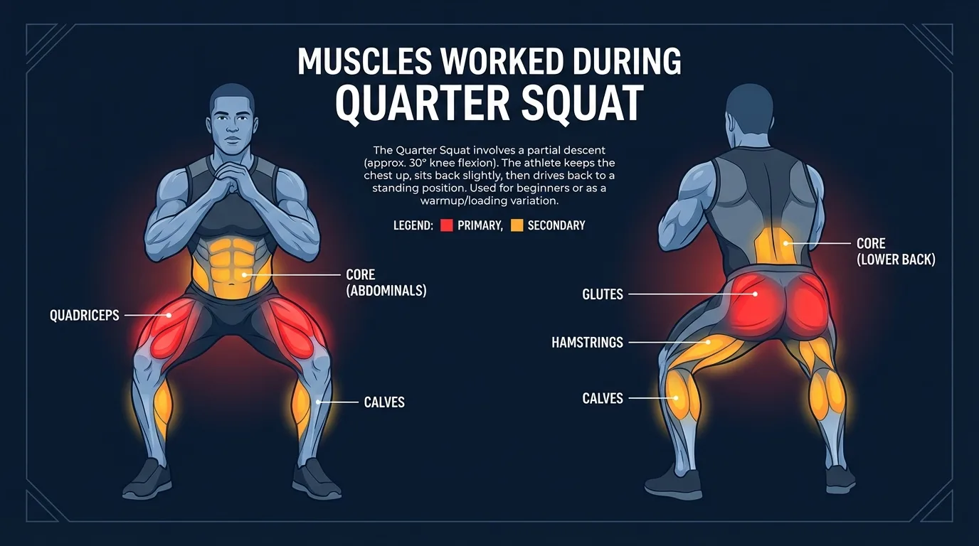 Quarter squat form guide showing proper knee angle and body position for explosive lower body power