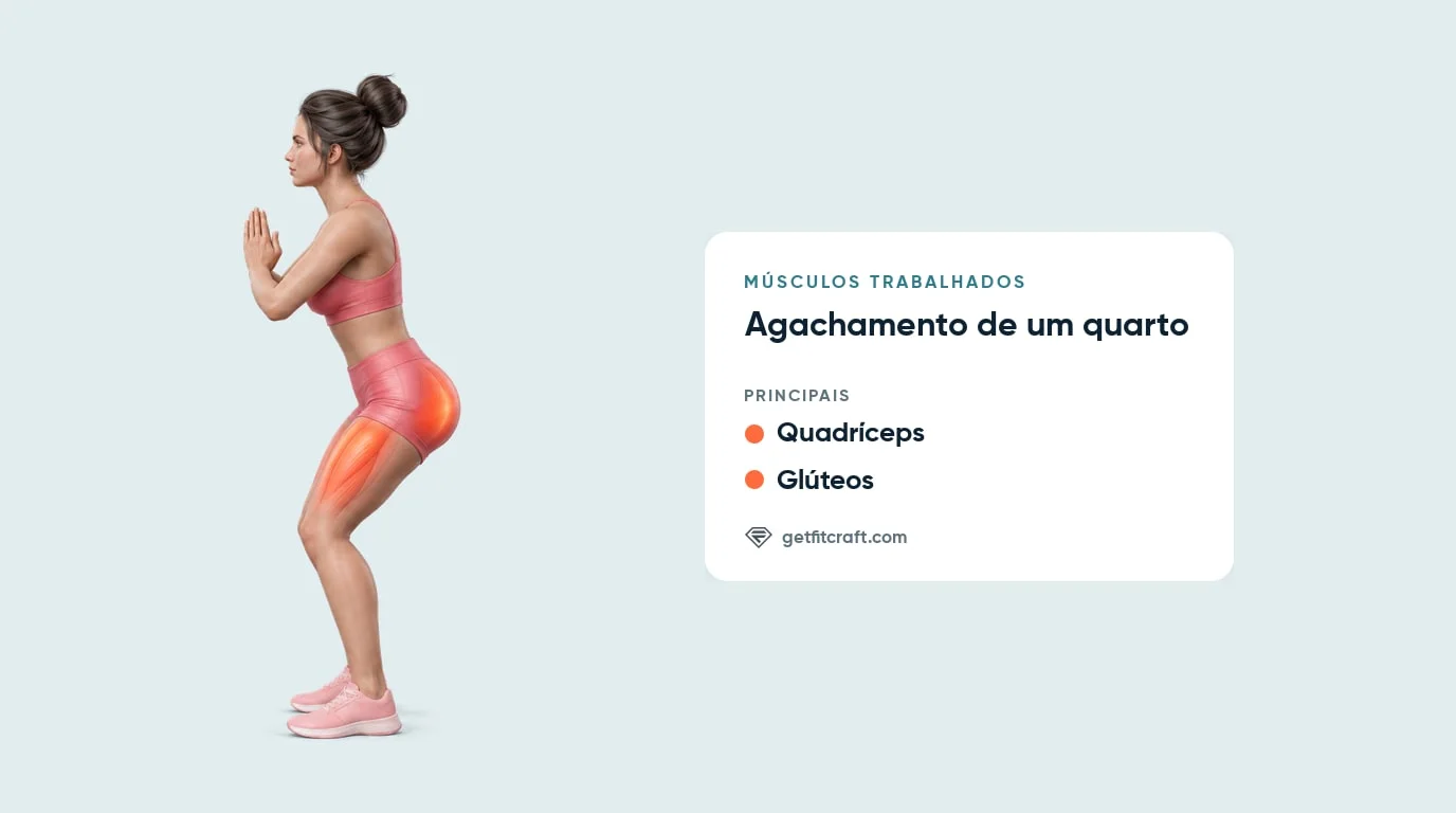 Músculos do agachamento de um quarto: quadríceps e glúteos destacados, joelhos pouco flexionados