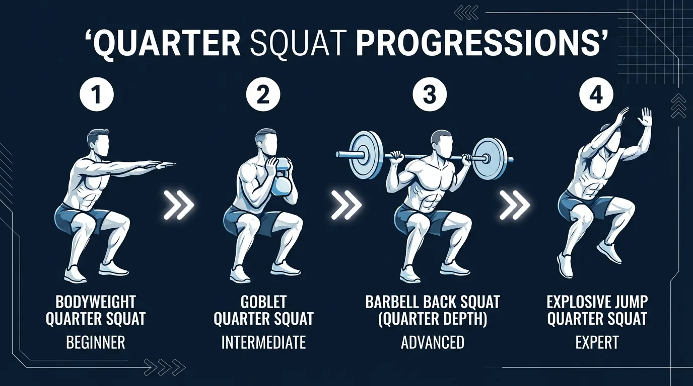 Quarter squat variations showing progressions from wall-assisted to barbell and jump squat