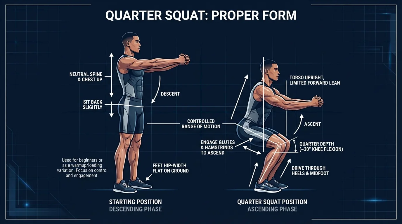 Quarter squat muscles worked diagram highlighting quadriceps, glutes, and calves activation