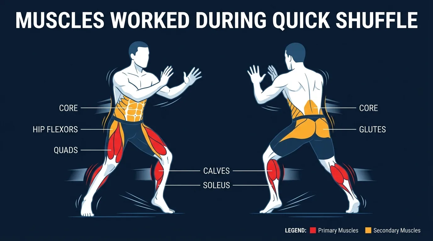 Quick shuffle muscles targeted diagram showing quadriceps, gluteus medius, calves, hamstrings, hip adductors, obliques, and core activation during rapid lateral movement