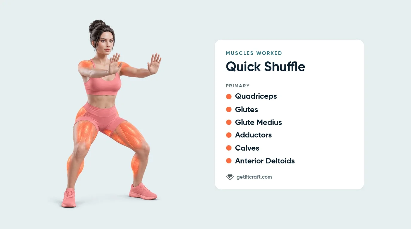 Quick shuffle muscles worked: quadriceps, glutes, glute medius, adductors, calves and anterior deltoids in a wide stance