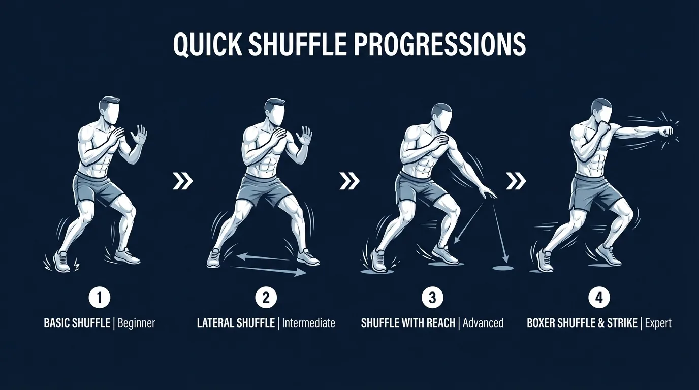 Quick shuffle progressions from slow lateral step-touch to standard quick shuffle to banded shuffle to shuffle with floor touch