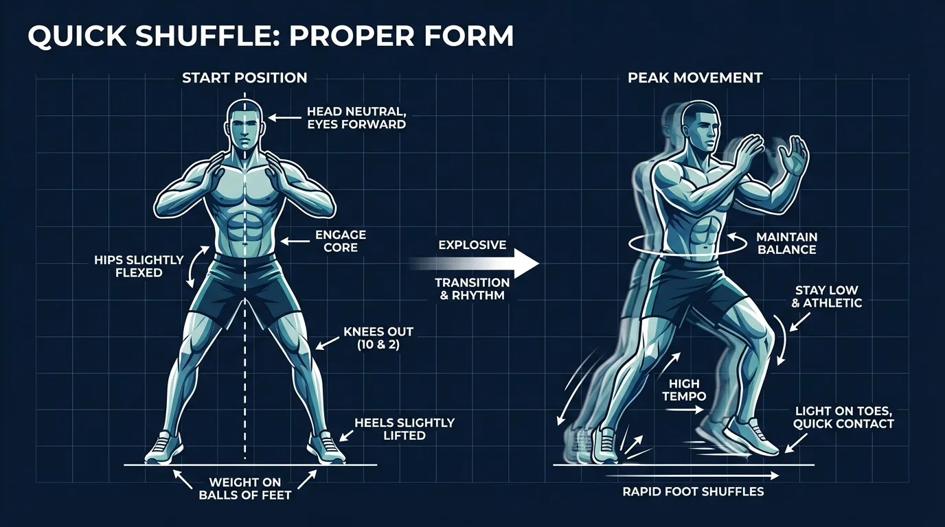 Quick shuffle proper form showing low athletic stance with knees bent, chest up, feet never crossing, and rapid lateral movement with arms pumping at shoulder level