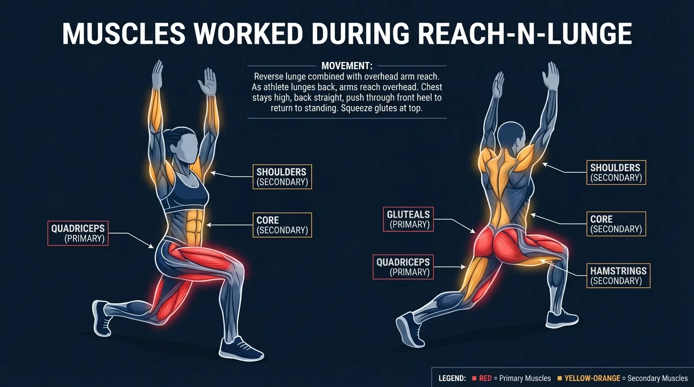 Reach-N-Lunge muscles targeted diagram showing quadriceps, glutes, hip flexors, rectus abdominis, obliques, deltoids, and latissimus dorsi highlighted on a figure performing an overhead lunge