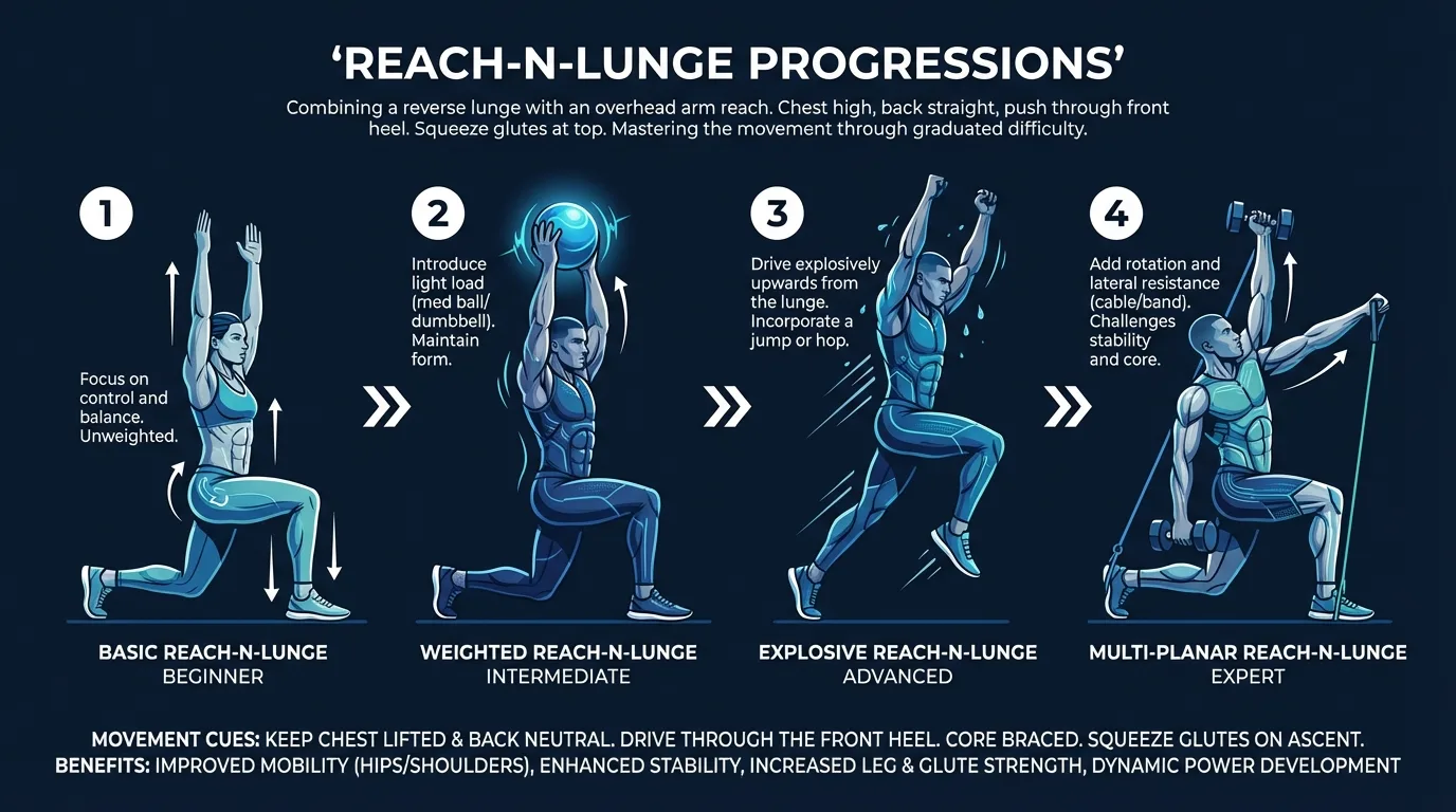 Reach-N-Lunge progression ladder from beginner reverse lunge with short overhead reach, to intermediate alternating forward reach lunge, to advanced jumping switch lunge with overhead reach