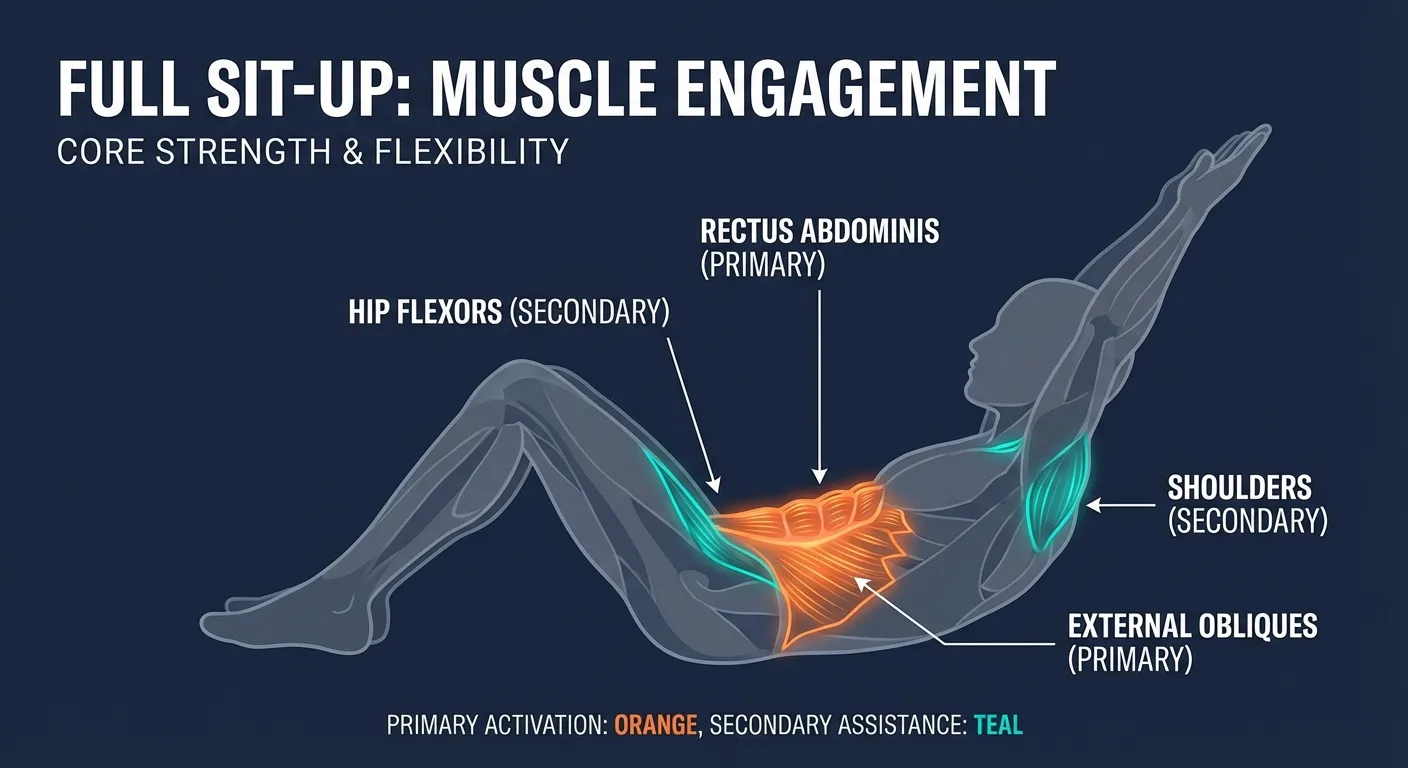 Reach up muscles worked diagram highlighting rectus abdominis, obliques, and hip flexor activation during a full sit-up with overhead reach