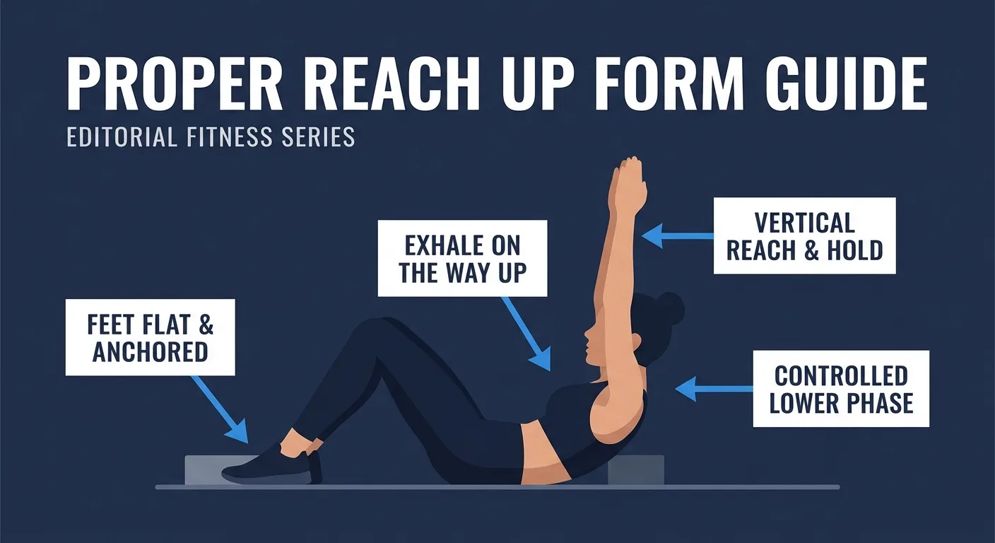 Reach up proper form showing flat feet anchored to the floor, full sit-up, and vertical overhead reach at the top