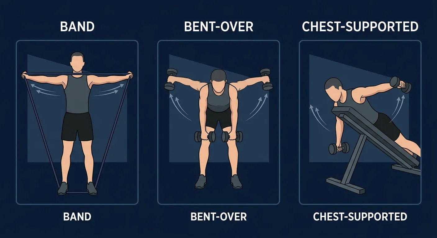 Rear delt raise variations: resistance band pull-apart, standing bent-over dumbbell raise, and chest-supported raise on an incline bench
