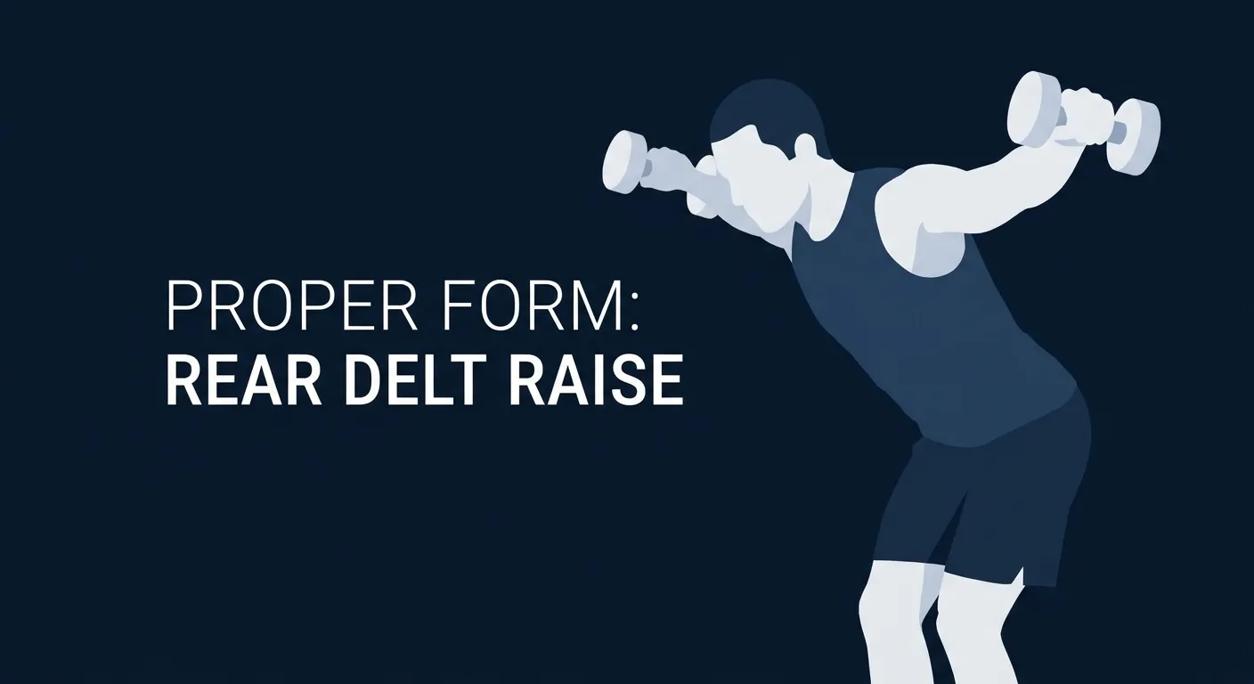 Rear delt raise proper form: hinged forward at the hips with a flat back, soft fixed bend in the elbows, dumbbells raised out to the sides to shoulder height, shoulder blades gently drawn together