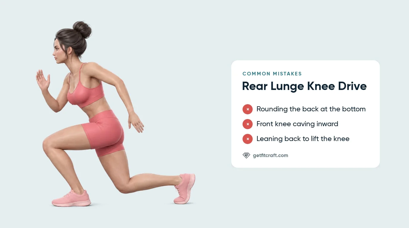 Reverse lunge to knee drive common mistakes listed beside the correct lunge: chest up, back flat, front knee over the toes
