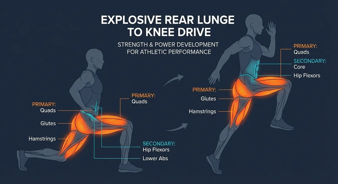 Rear lunge knee drive muscles worked diagram showing quads, glutes, hamstrings, hip flexors, and lower abs activation