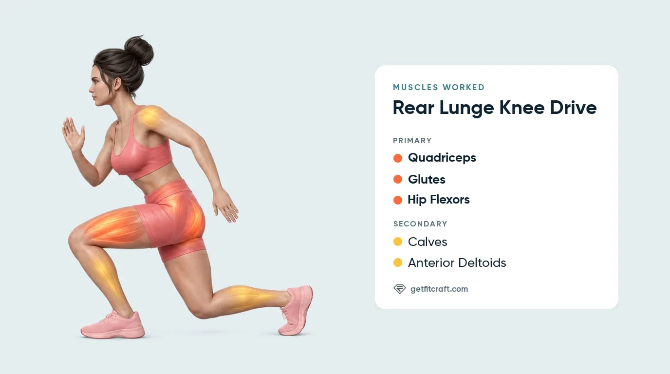 Reverse lunge knee drive muscles worked, side view, bottom of the lunge: quads, glutes, hip flexors, calves, front delts