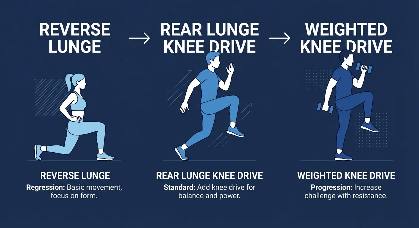 Rear lunge knee drive variations showing reverse lunge regression, standard version, and weighted or jumping progression