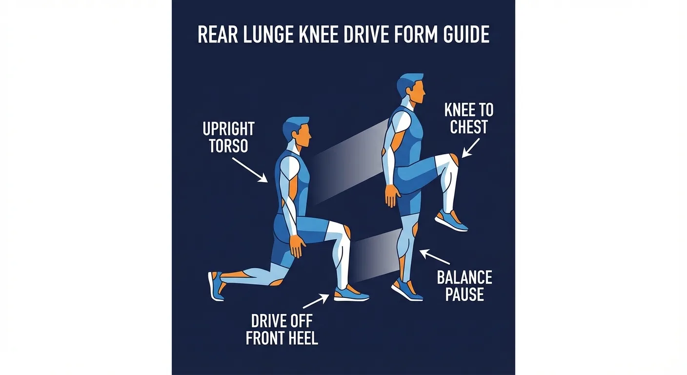 Rear lunge knee drive proper form side view showing reverse lunge depth, upright torso, heel drive, and high knee at the top