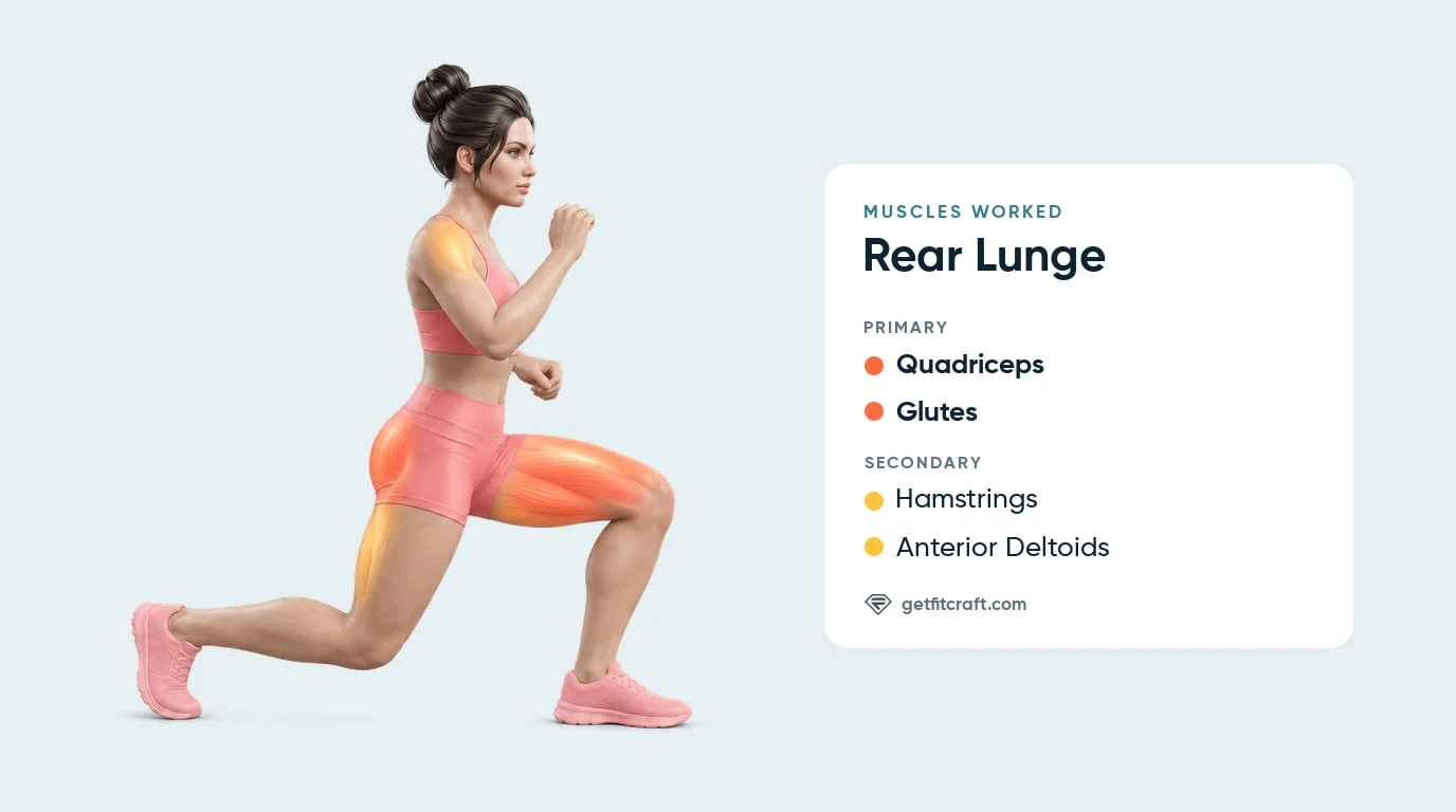 Reverse lunge muscles worked: quads and glutes highlighted as main muscles, hamstrings and front delts helping, side view