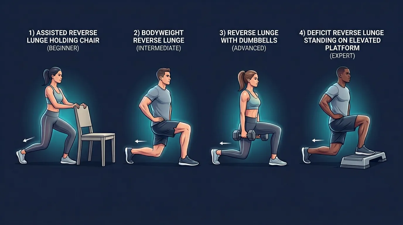 Rear lunge progressions: supported rear lunge, bodyweight rear lunge, dumbbell rear lunge, deficit rear lunge, and rear lunge knee drive