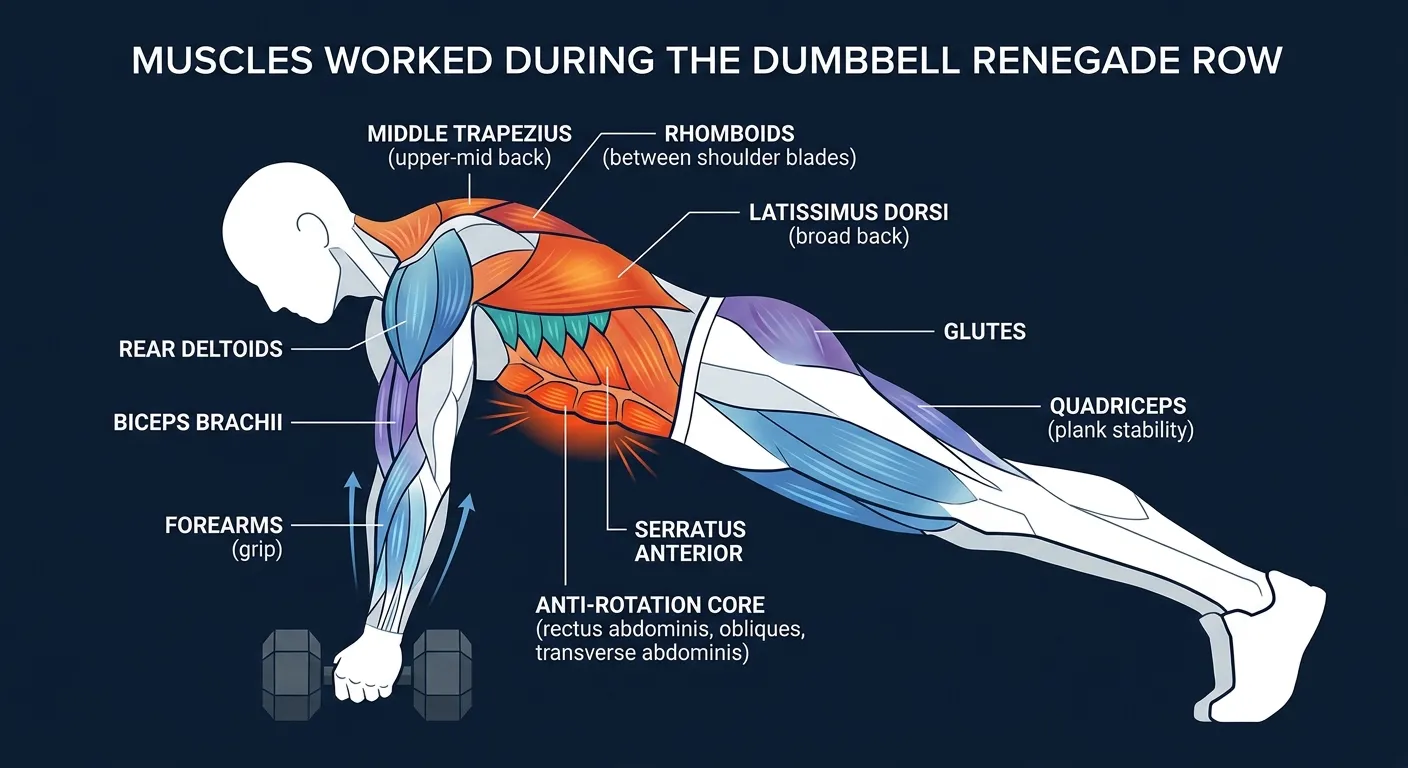 Renegade row muscles activated: latissimus dorsi, rhomboids, middle trapezius, and the anti-rotation core (rectus abdominis, obliques, transverse abdominis), with rear deltoids, biceps, forearms, glutes, and quadriceps as secondaries and stabilizers