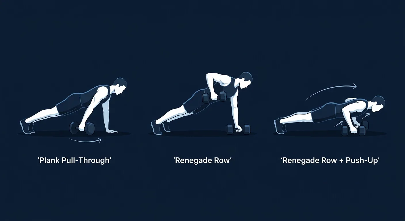 Renegade row progression path from plank dumbbell pull-through to standard renegade row to renegade row with push-up, showing increasing anti-rotation core stability and upper-body pressing demand