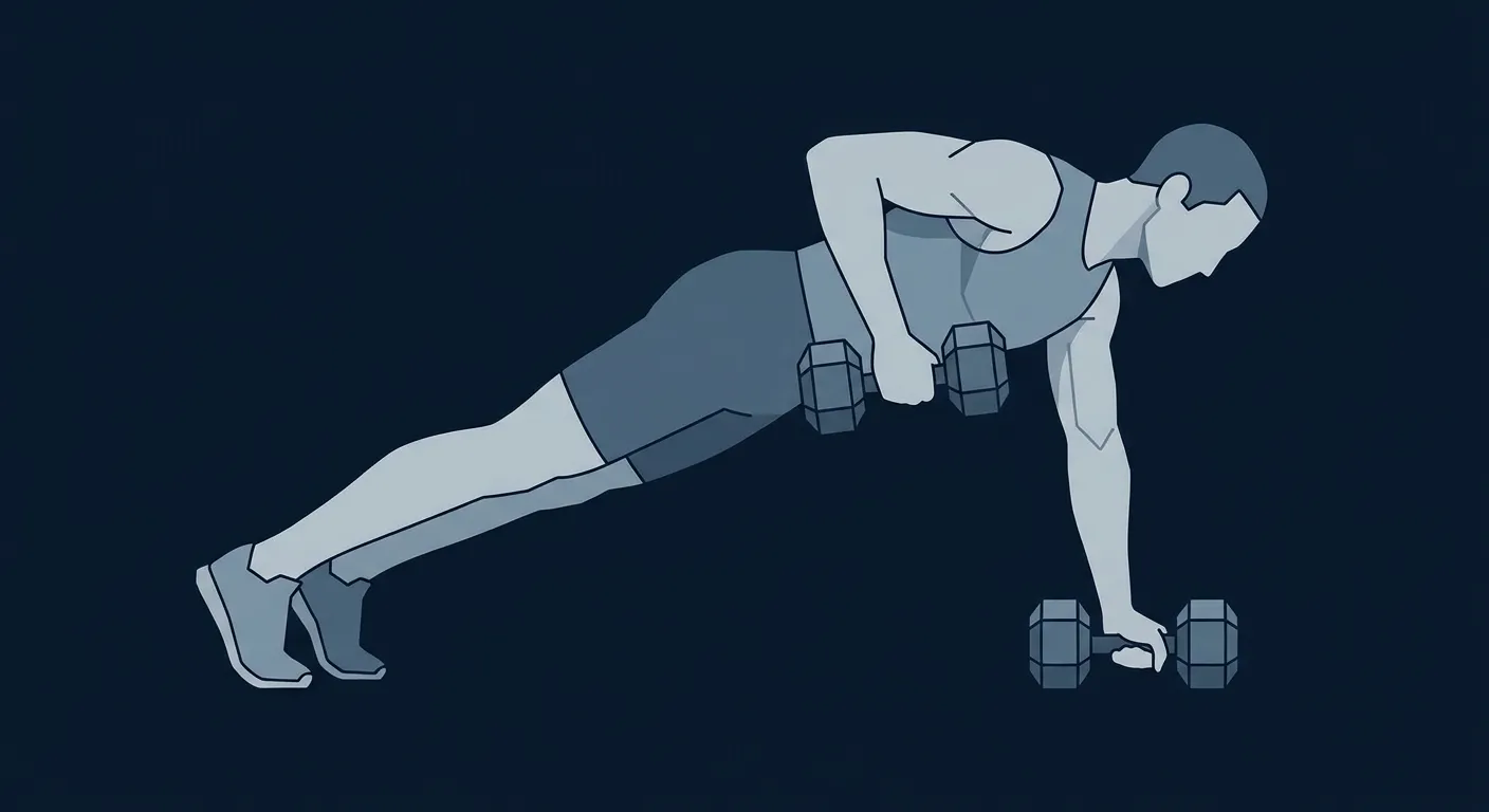 Dumbbell renegade row proper form showing the high push-up plank position with hexagonal dumbbells, wide-stance feet for stability, hips square to the floor, and one elbow driving back past the torso