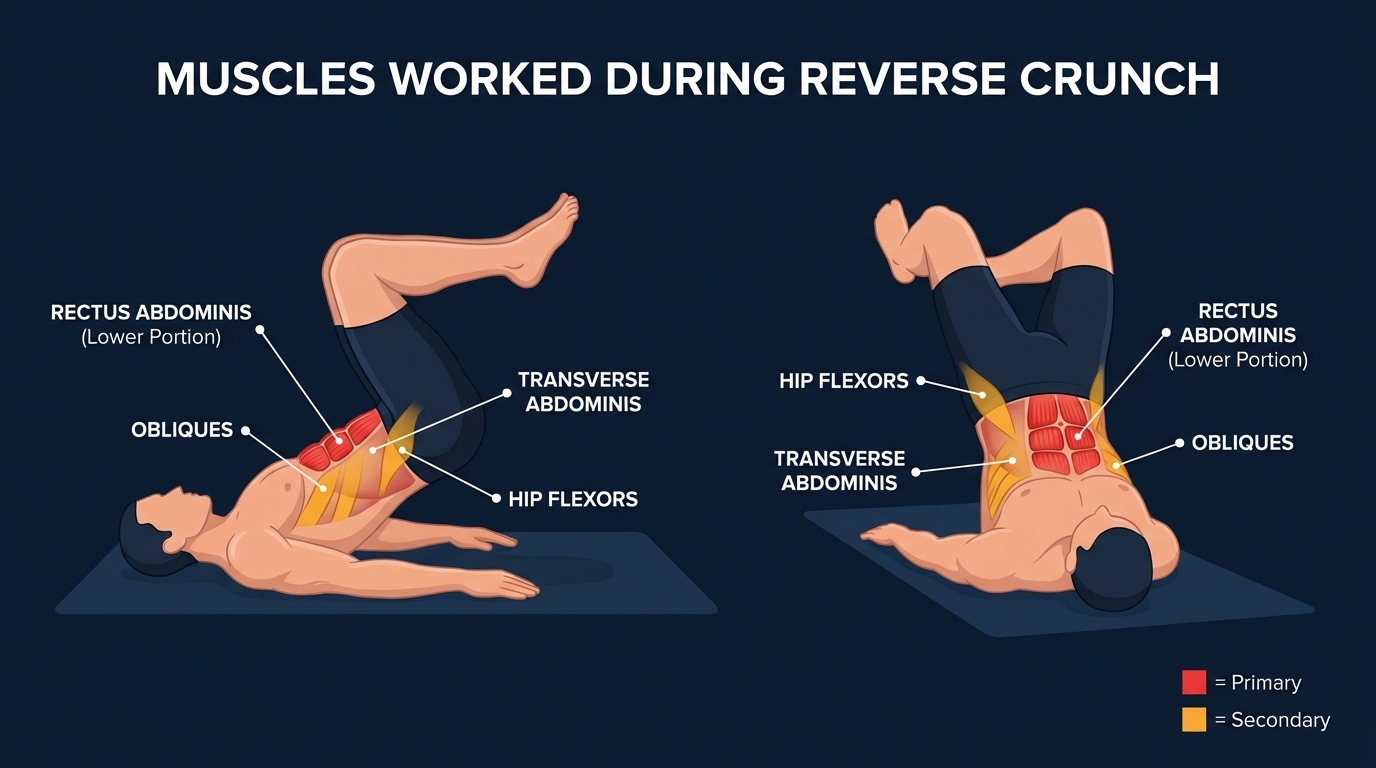 Reverse crunch muscles targeted diagram showing rectus abdominis lower portion, obliques, transverse abdominis, and hip flexor activation