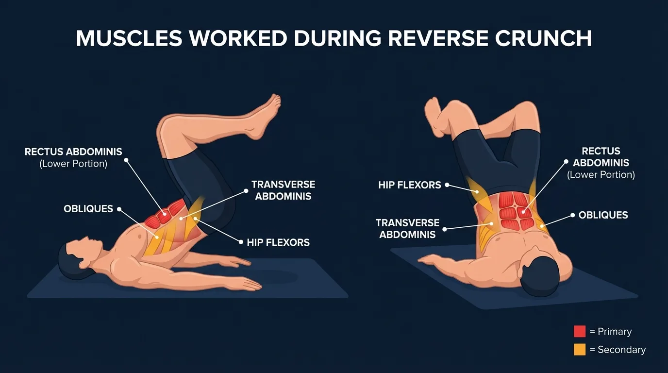 Beanspruchte Muskeln beim Reverse Crunch: rectus abdominis als primärer Motor mit schrägen Bauchmuskeln, transversus abdominis, Hüftbeugern, Zwerchfell und Beckenboden als Unterstützer