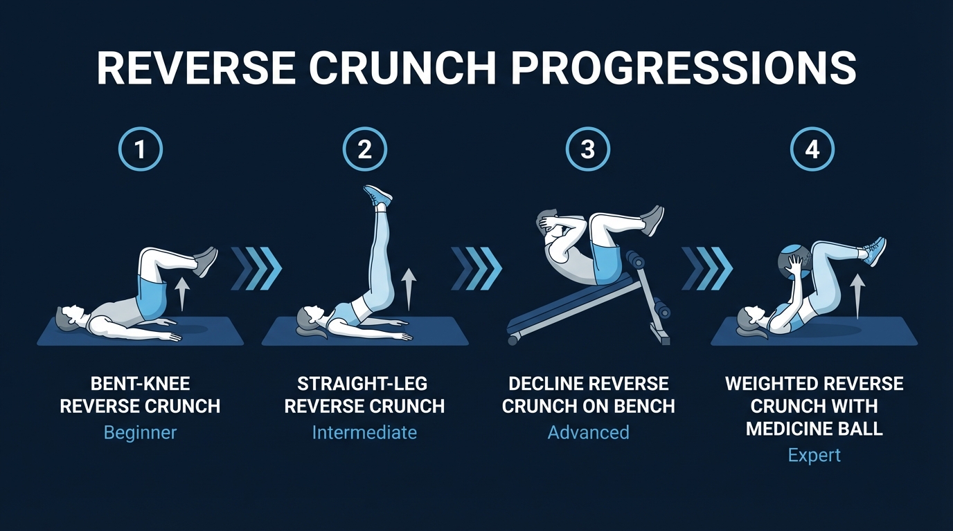 Reverse crunch progression from bent-knee reverse crunch to straight-leg reverse crunch to decline reverse crunch to weighted reverse crunch