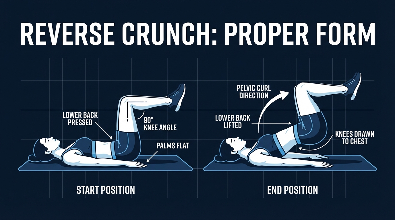 Reverse crunch proper form showing starting position with 90-degree hip and knee angle, pelvic curl movement, and controlled return