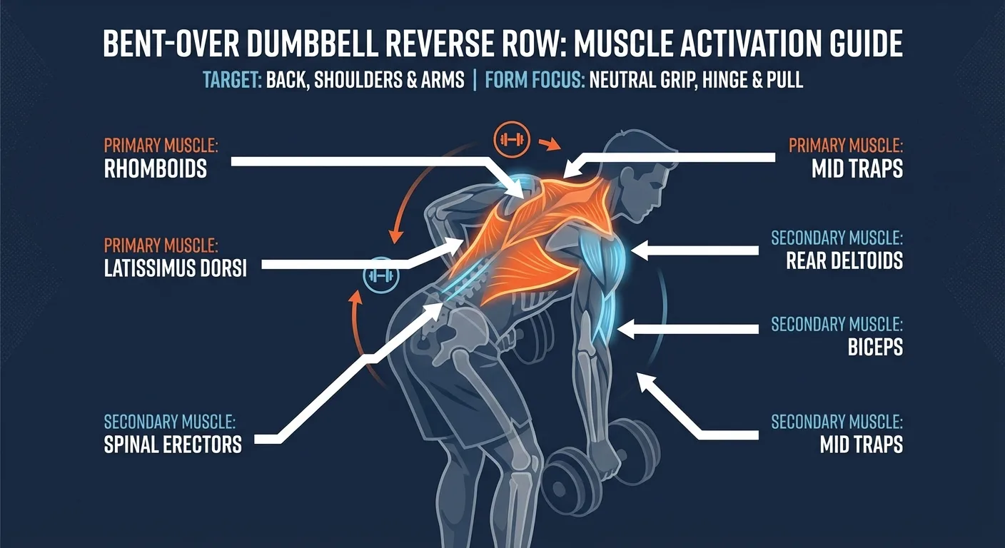 Reverse row muscles worked diagram highlighting latissimus dorsi, rhomboids, mid traps, and rear deltoids activation with dumbbells