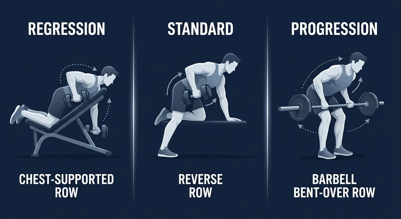 Reverse row variations showing chest-supported regression, standard reverse row, and barbell bent-over row progression