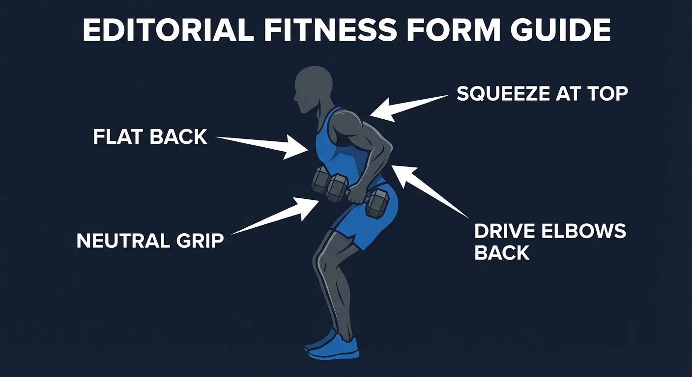 Reverse row proper form side view showing flat back, hip hinge, neutral grip, and elbows driving back toward hips