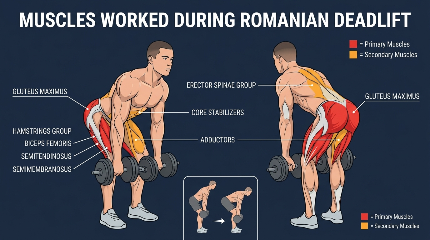 Romanian deadlift muscles targeted diagram showing hamstrings, gluteus maximus, erector spinae, and core activation during the hip hinge movement