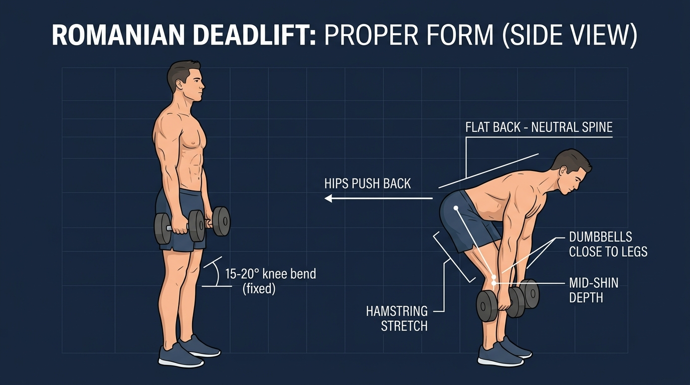 Romanian deadlift proper form showing hip hinge pattern, flat back position, dumbbells close to body, and slight knee bend maintained throughout movement