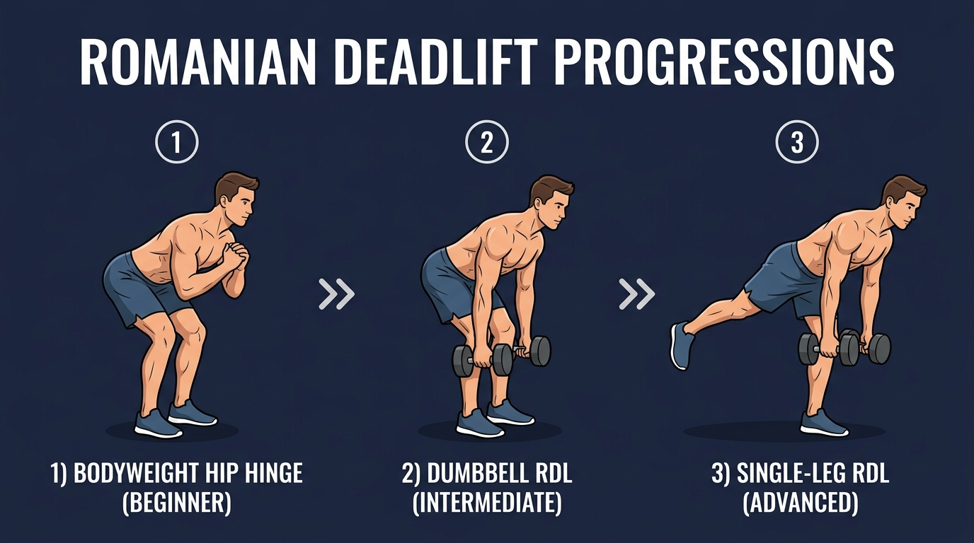 Romanian deadlift progression from bodyweight hip hinge to dumbbell RDL to single-leg Romanian deadlift