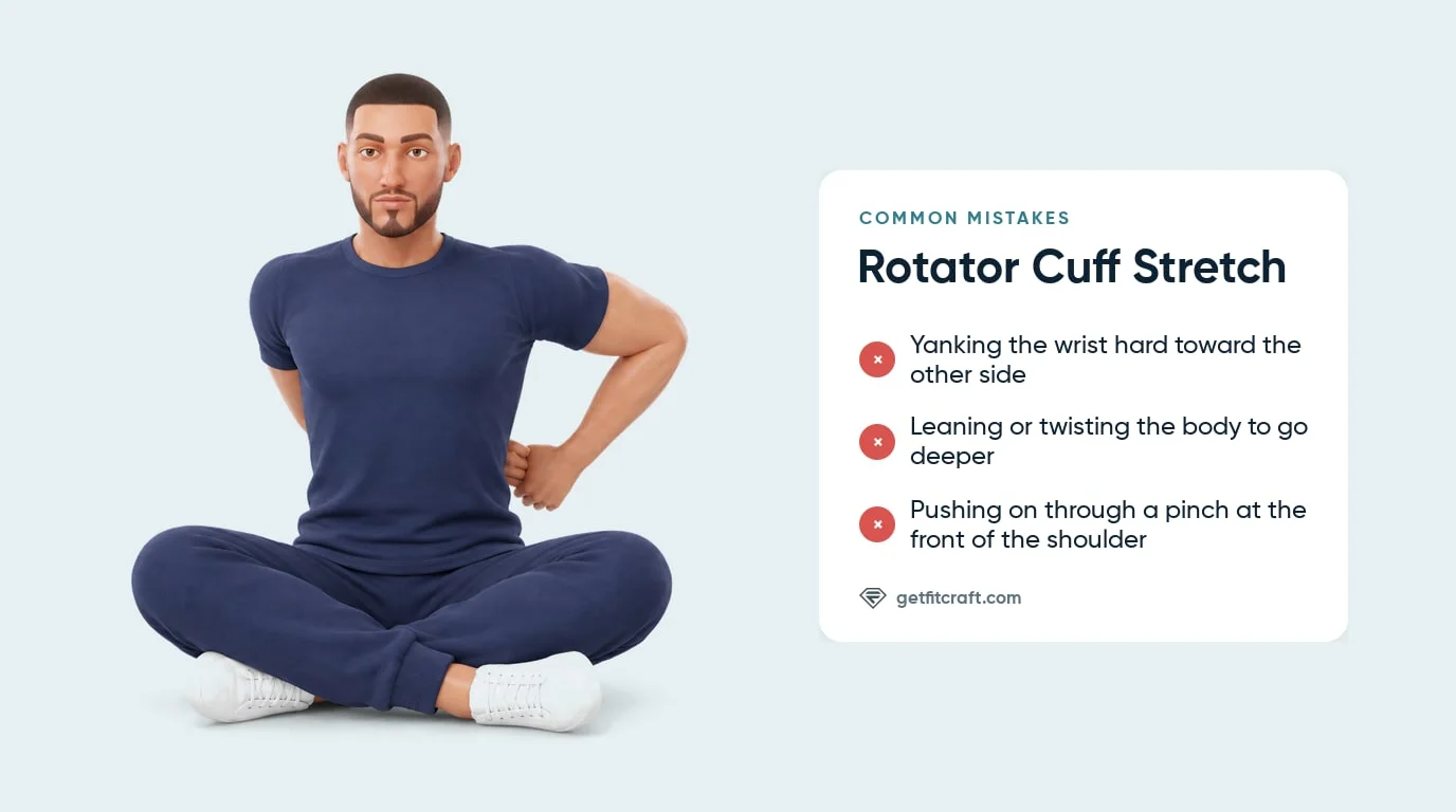 Rotator cuff stretch common mistakes listed beside the correct seated hold: hand behind waist, other hand on wrist